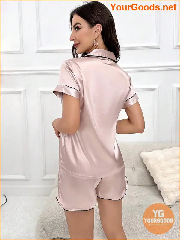 1 Set Heart Embroidery Contrast Binding Satin PJ Set / Pajama Set | YOURGOODS | $23.99