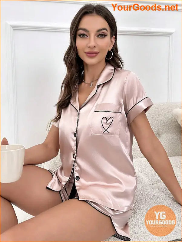 1 Set Heart Embroidery Contrast Binding Satin PJ Set / Pajama Set | YOURGOODS | $23.99