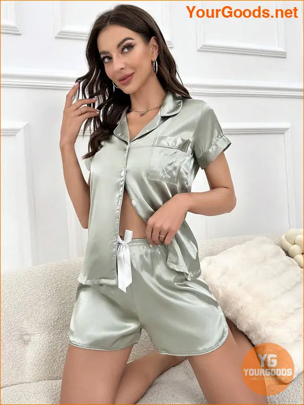 1 Set Heart Embroidery Contrast Binding Satin PJ Set / Pajama Set | YOURGOODS | $23.99