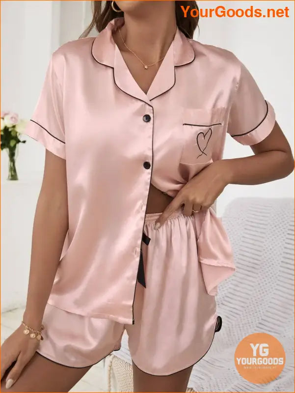 1 Set Heart Embroidery Contrast Binding Satin PJ Set / Pajama Set | YOURGOODS | $23.99