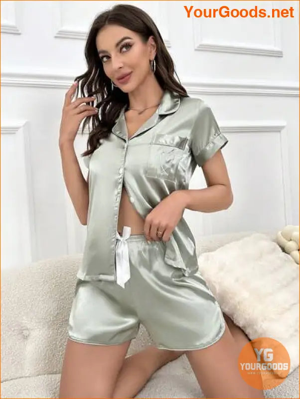 1 Set Heart Embroidery Contrast Binding Satin PJ Set / Pajama Set | YOURGOODS | $24.99