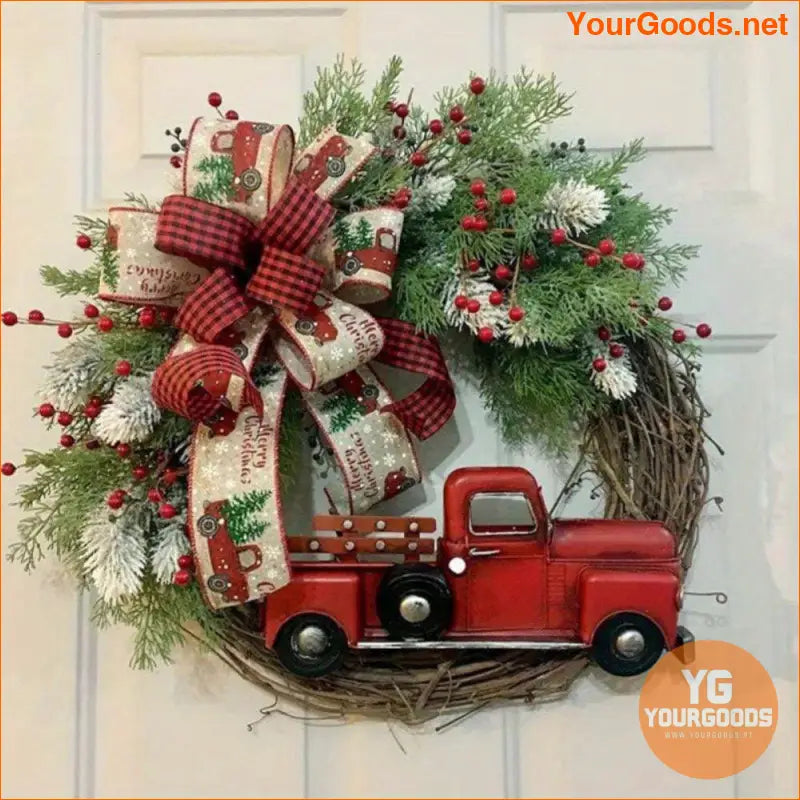 118 Red Truck Rattan Christmas Wreath with Berries and Bow - YourGoods Online Shop