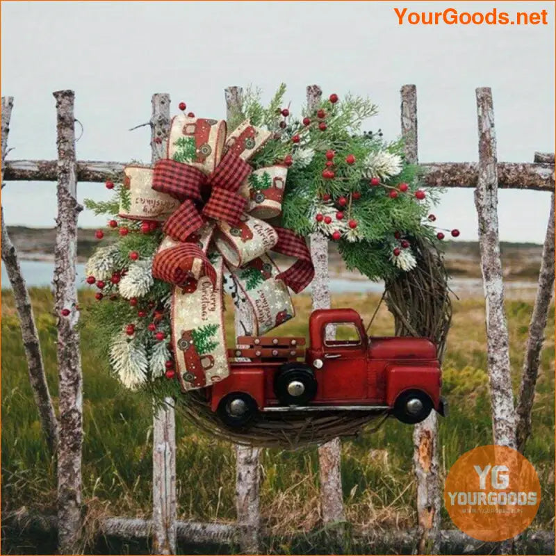 118 Red Truck Rattan Christmas Wreath with Berries and Bow - YourGoods Online Shop