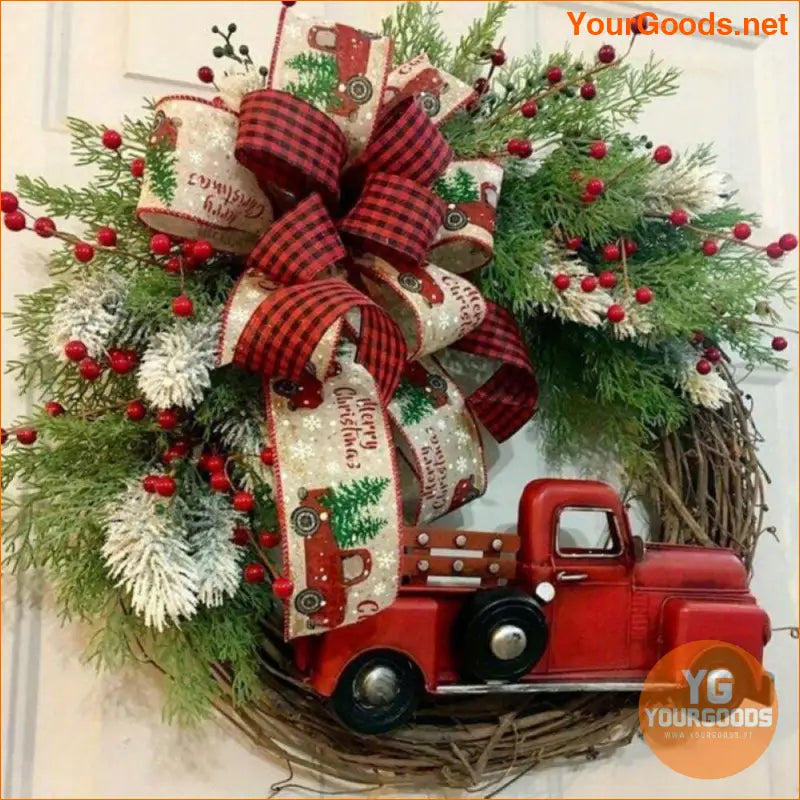 118 Red Truck Rattan Christmas Wreath with Berries and Bow - YourGoods Online Shop