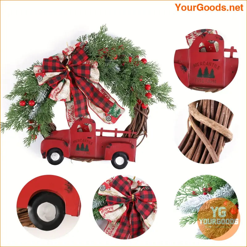 118 Red Truck Rattan Christmas Wreath with Berries and Bow - YourGoods Online Shop