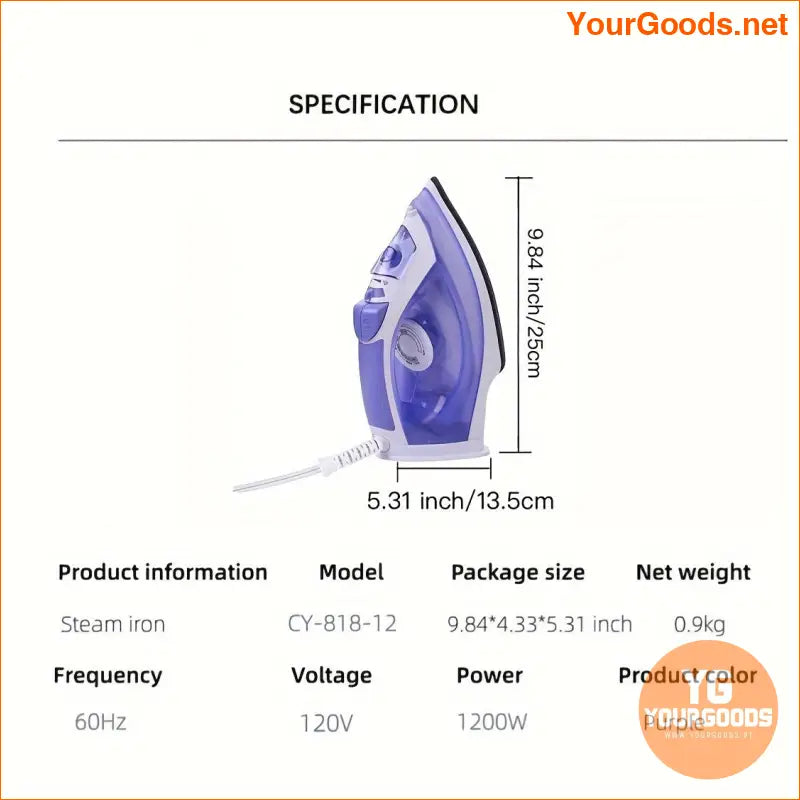 1200W Professional Steam Iron with Adjustable Thermostat NonStick Soleplate - YourGoods Online Shop