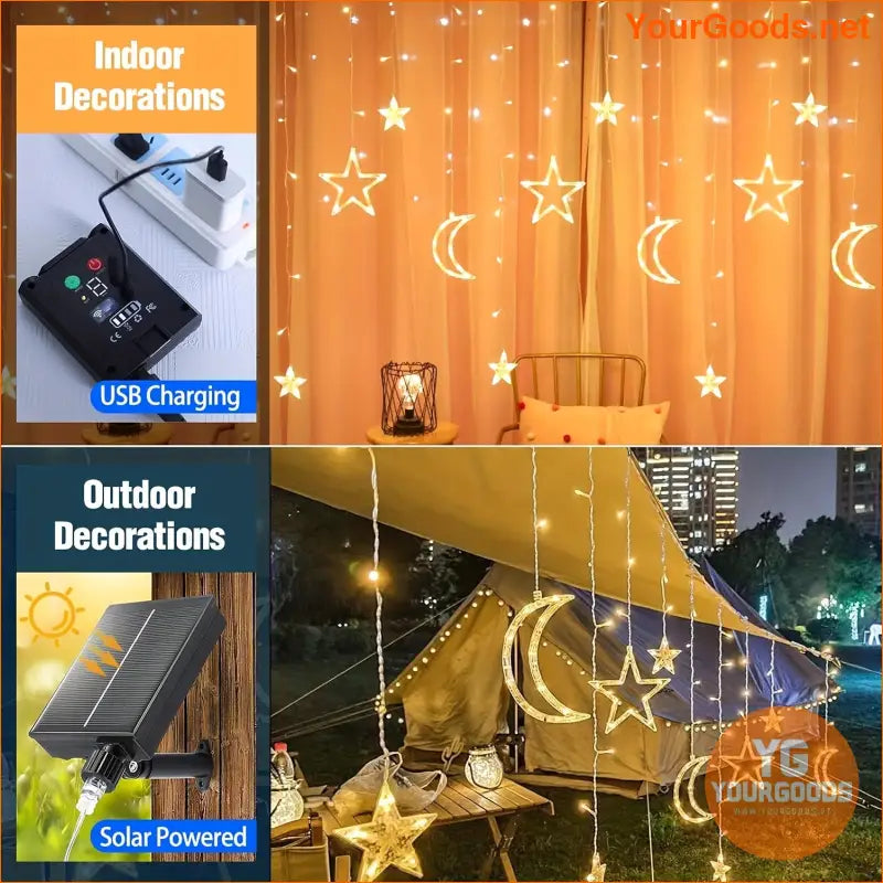 138LED Solar Moon Star Curtain Lights with Remote - YourGoods Online Shop