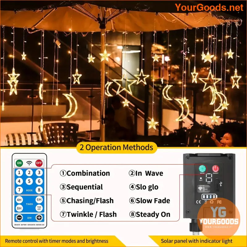 138LED Solar Moon Star Curtain Lights with Remote - YourGoods Online Shop