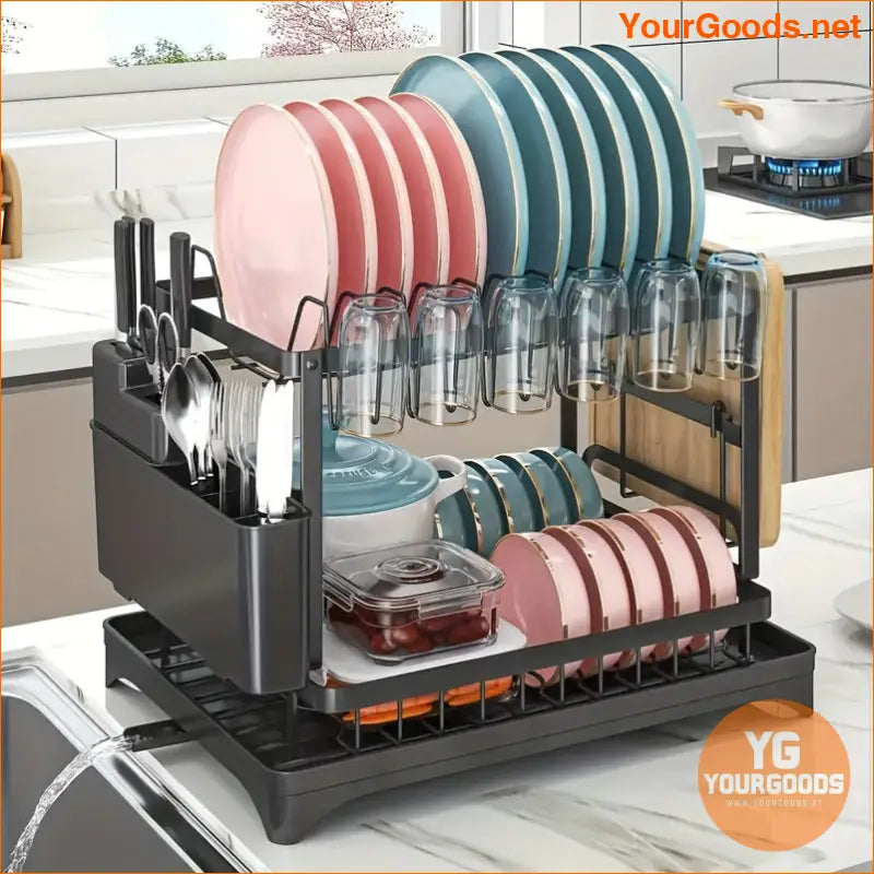 2 Tier Rust proof Dish Rack with Drainboard Utensil Holder - YourGoods Online Shop