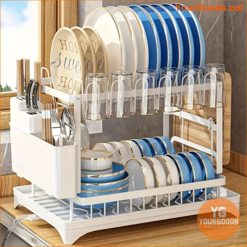 2 Tier Rust proof Dish Rack with Drainboard Utensil Holder - YourGoods Online Shop