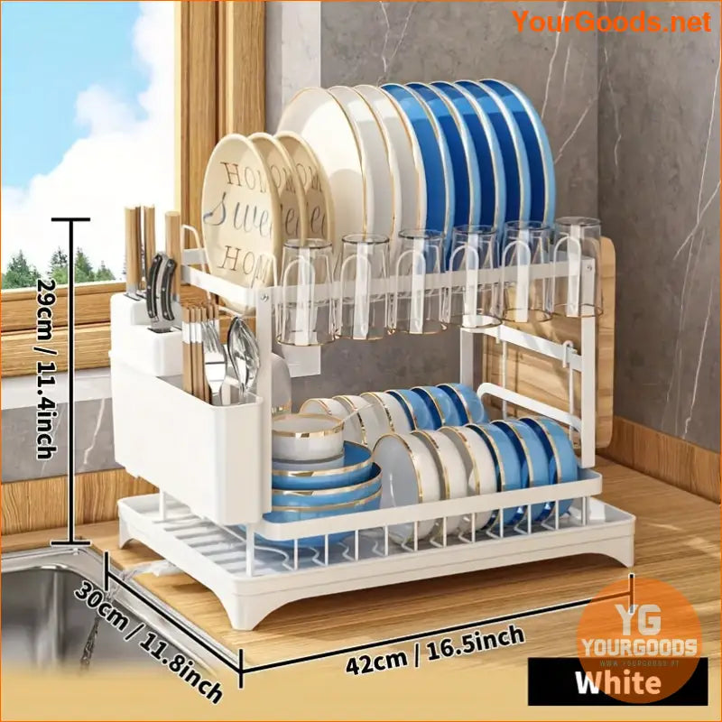 2 Tier Rust proof Dish Rack with Drainboard Utensil Holder - YourGoods Online Shop