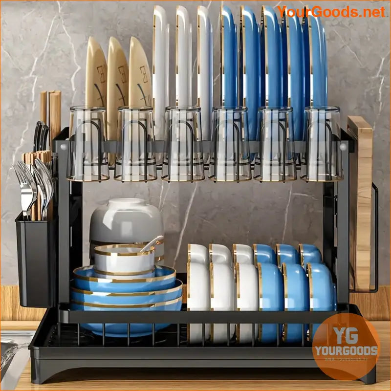 2 Tier Rust proof Dish Rack with Drainboard Utensil Holder - YourGoods Online Shop