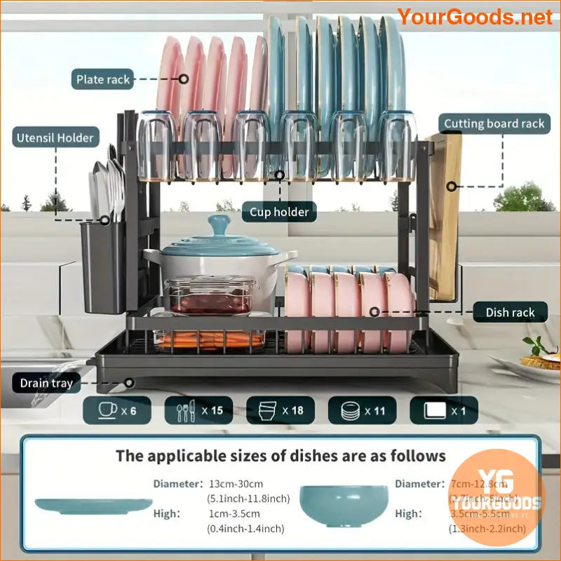 2 Tier Rust proof Dish Rack with Drainboard Utensil Holder - YourGoods Online Shop