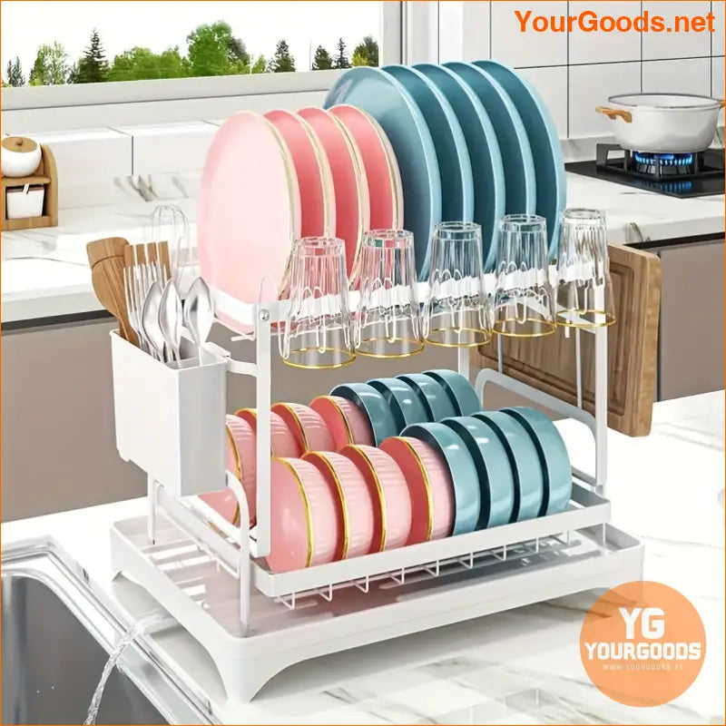 2 Tier Rust proof Dish Rack with Drainboard Utensil Holder - YourGoods Online Shop