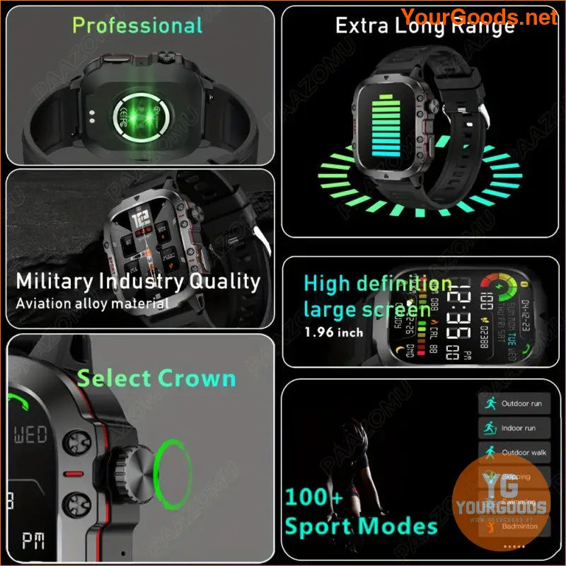 2024 Rugged Military Smartwatch 100 Sports Waterproof Wireless Calls - YourGoods Online Shop