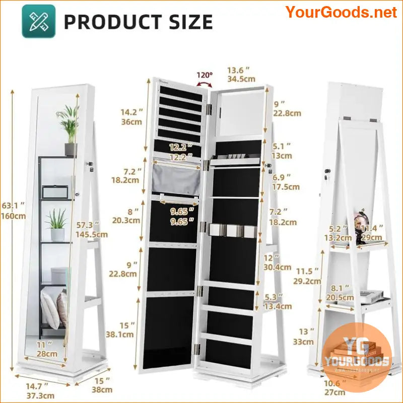 360 Lockable Jewelry Armoire with Mirror Shelves