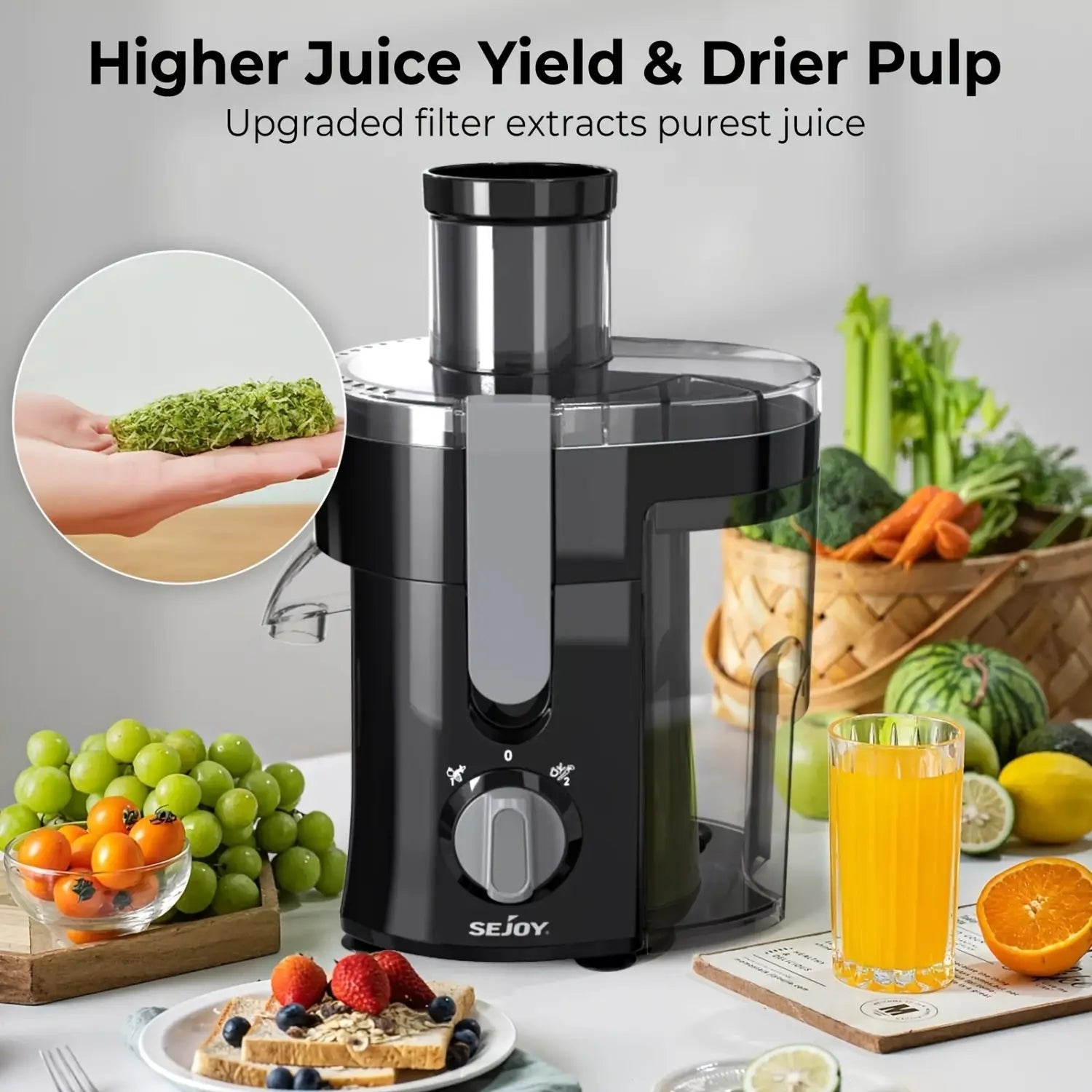 Exprimidor centrífugo compacto de alto rendimiento para frutas y verduras, libre de BPA