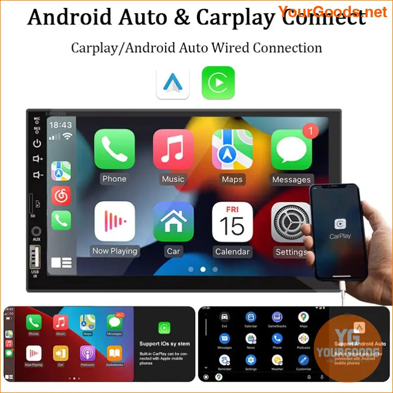 7“ Car Radio 1 Din Carplay Android Auto Multimedia Player HD Touch Screen FM AUX Input Bluetooth MirrorLink Universal