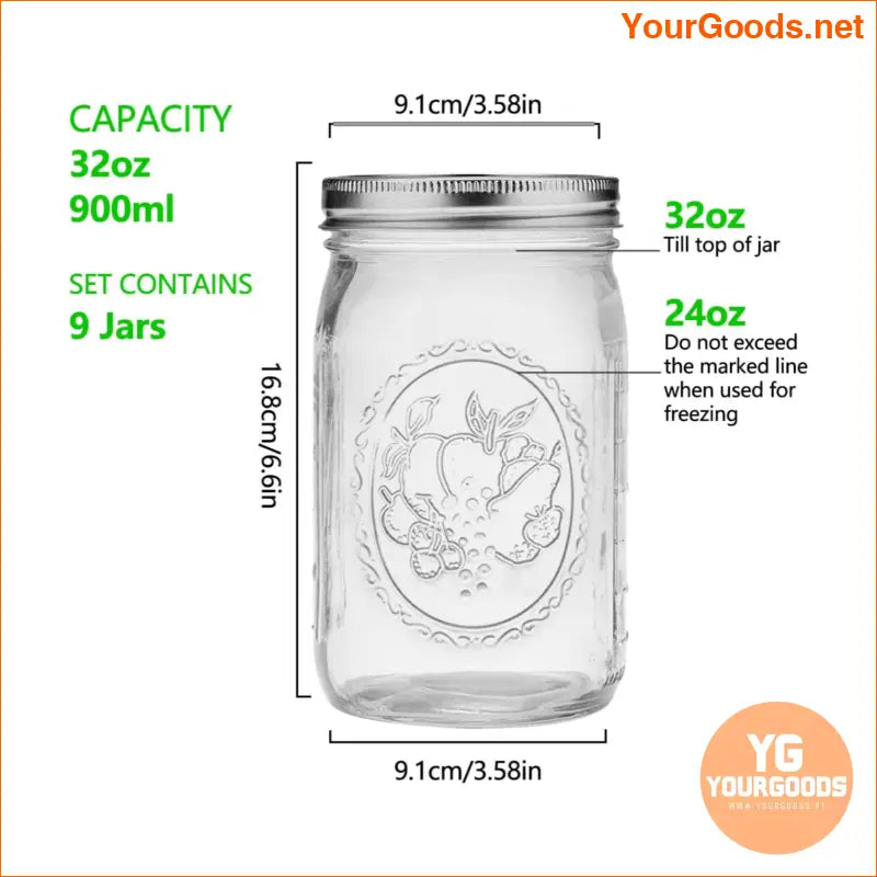 9 Pack 32oz Wide Mouth Mason Jars with Lids - YourGoods Online Shop