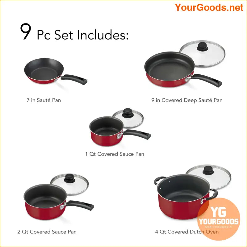 9Piece Red NonStick Cookware Set Durable Easy Clean - YourGoods Online Shop