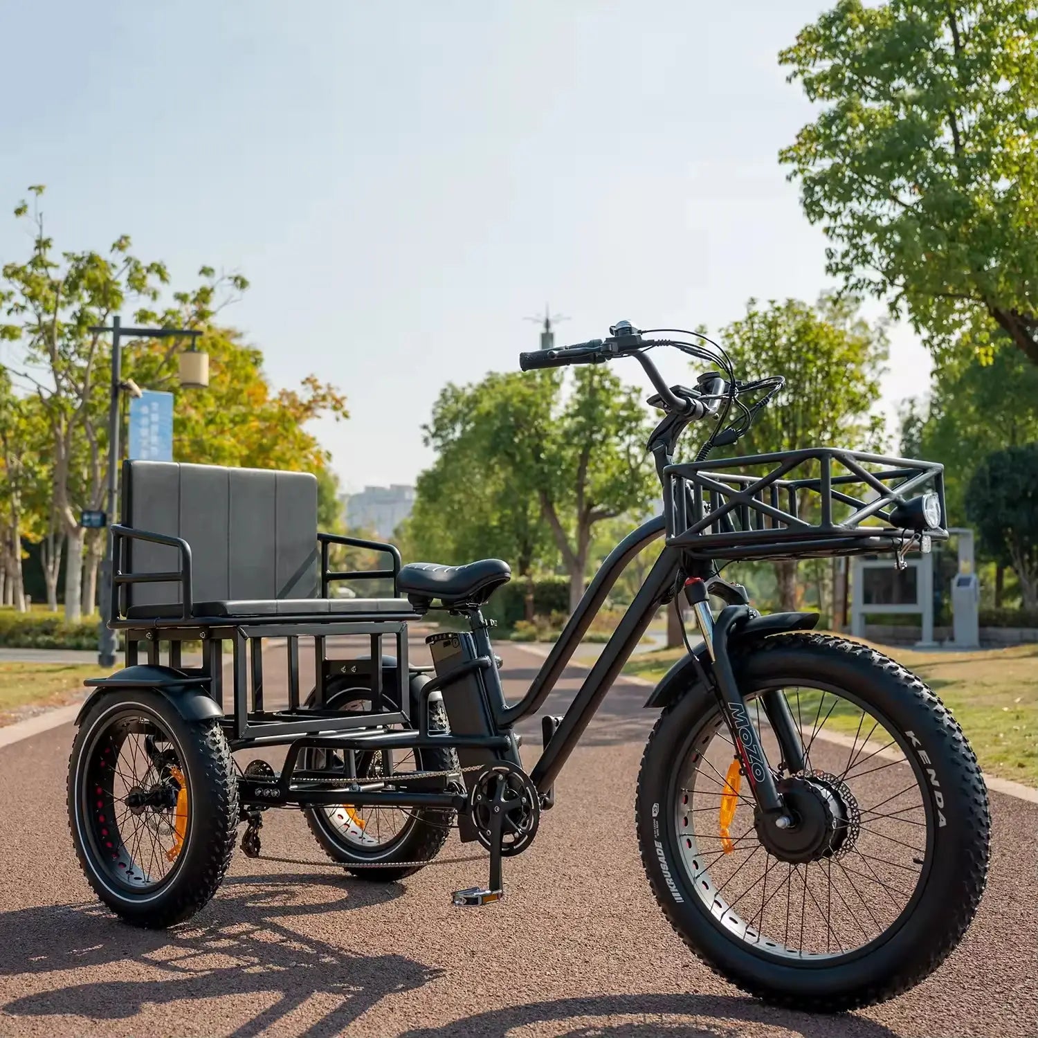 Two-person electric tricycle with fat tires for stable and eco-friendly transportation