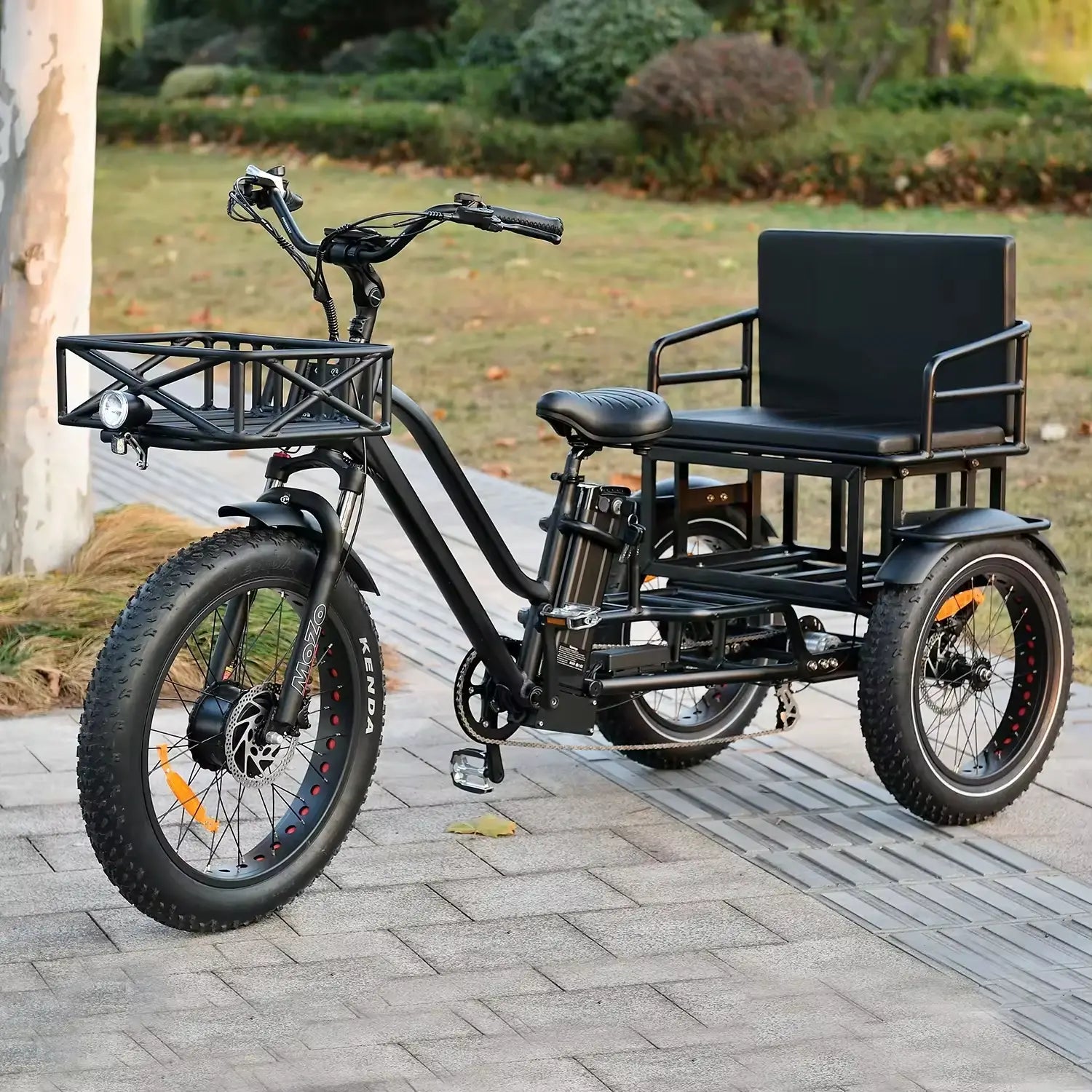 Two-person electric tricycle with fat tires for stable and eco-friendly transportation