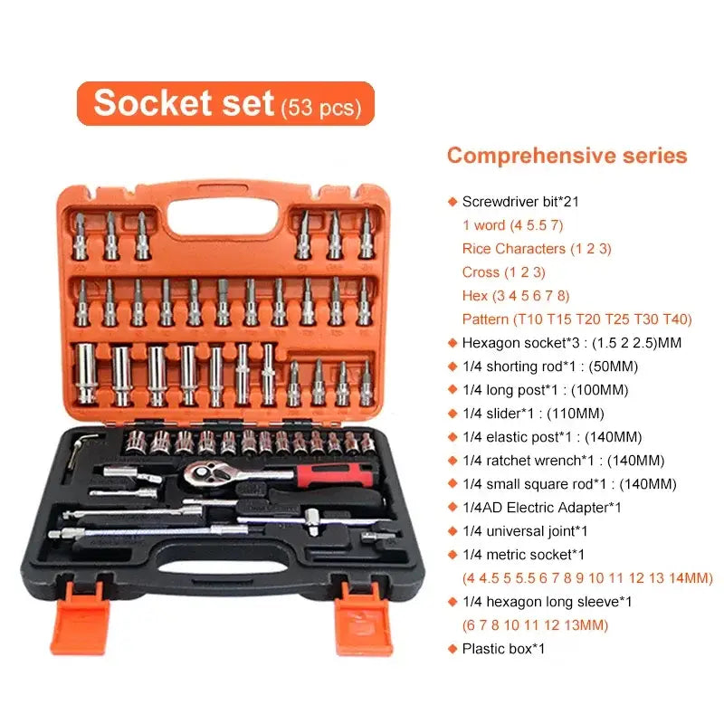 Car Repair Tool Kit 46/53 Piece/Set 1/4-Inch Socket Set Car Repair Tool Ratchet Torque Wrench Combo Auto Repairing Tool Set