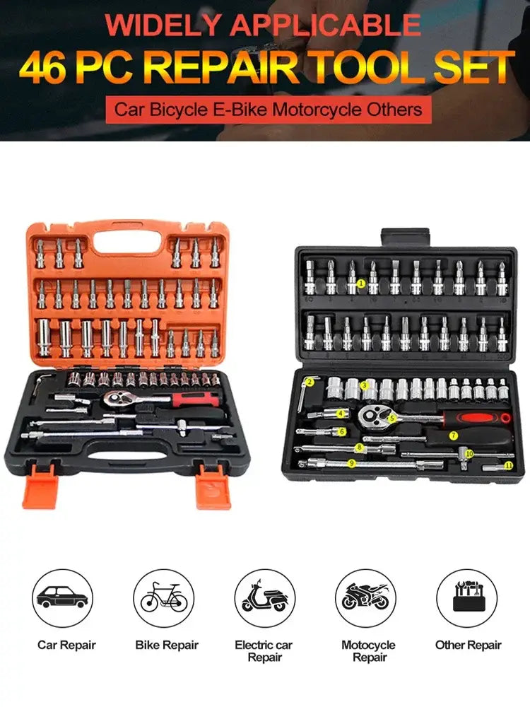 Car Repair Tool Kit 46/53 Piece/Set 1/4-Inch Socket Set Car Repair Tool Ratchet Torque Wrench Combo Auto Repairing Tool Set