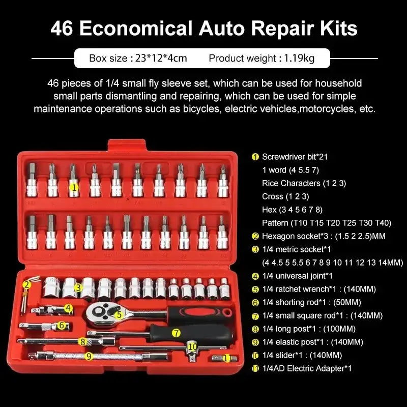 Juego de herramientas para reparación de automóviles, 46/53 piezas, juego de dados de 1/4 de pulgada, llave dinamométrica de trinquete, juego de herramientas para reparación de automóviles