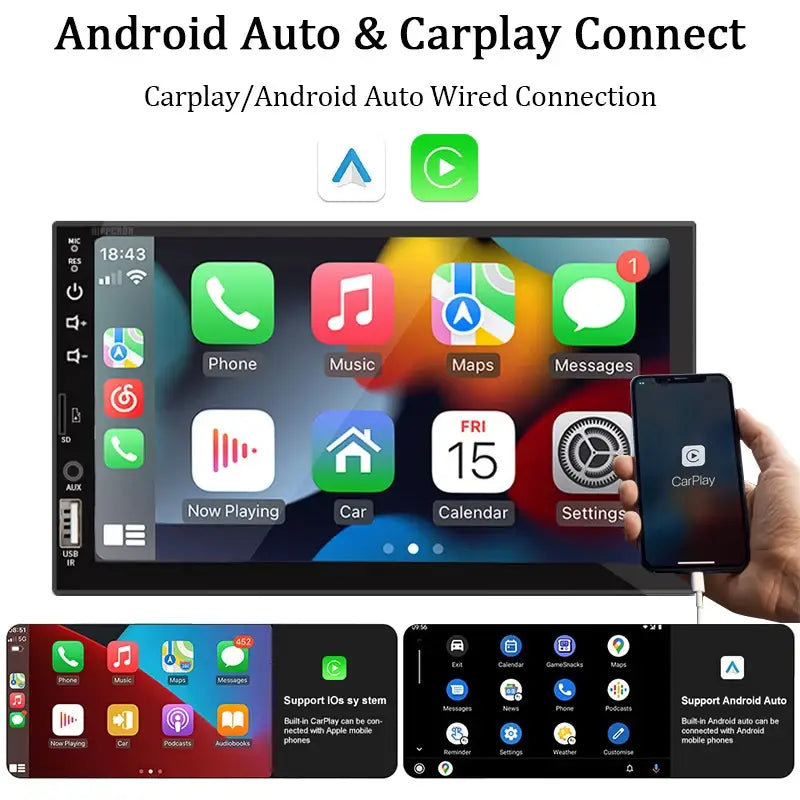 Rádio automotivo 7" 1 Din Carplay Android Auto Multimídia Player HD Touch Screen FM Entrada AUX Bluetooth MirrorLink Universal Autoradio