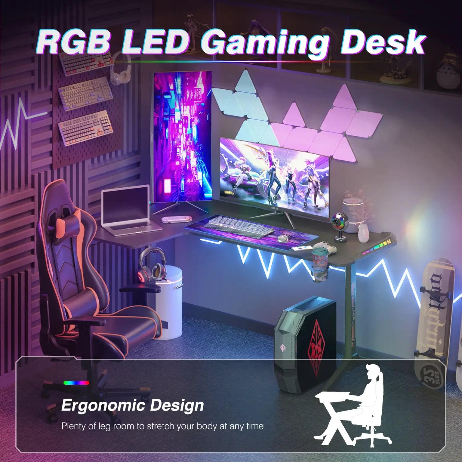 Escritorio grande de pie en forma de L, escritorio para juegos de 60 pulgadas, escritorio de esquina con elevación para sentarse y pararse con luces LED RGB para computadora, oficina en casa