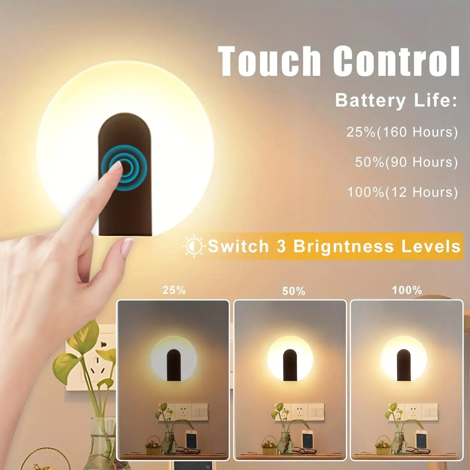 2 Rechargeable Touch Dimmable LED Wall Sconces