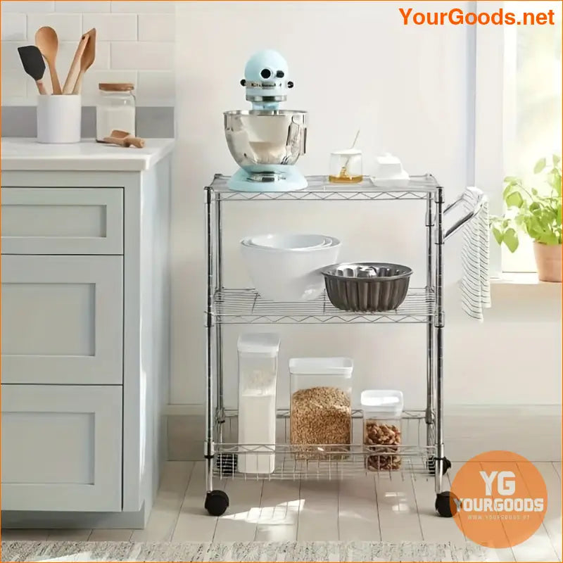 Adjustable 3 Tier Chrome Utility Cart with Wheels - Kitchen Storage Shelves - YourGoods Online Shop