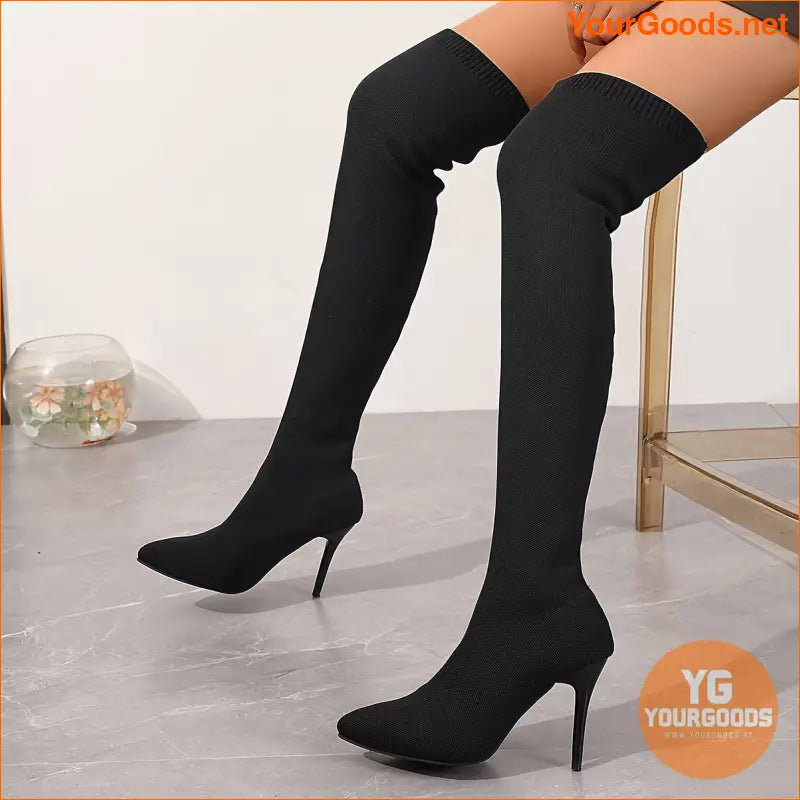 Black Stretch Knit OverTheKnee High Heel Boots - YourGoods Online Shop