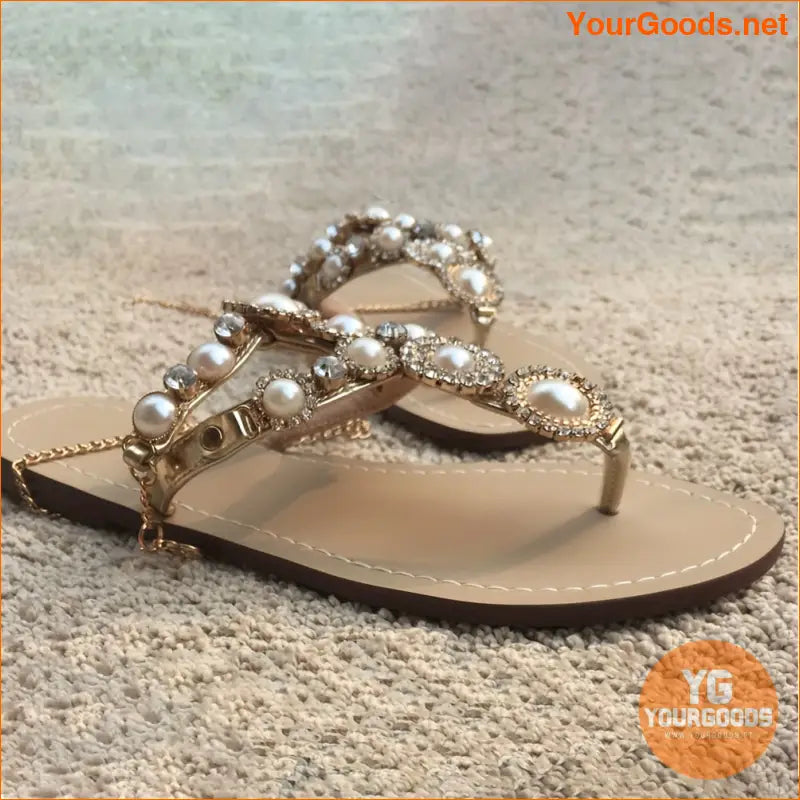 Bohemian Pearl Rhinestone TStrap Sandals for Women - YourGoods Online Shop