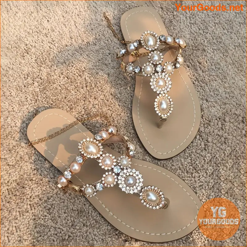 Bohemian Pearl Rhinestone TStrap Sandals for Women - YourGoods Online Shop