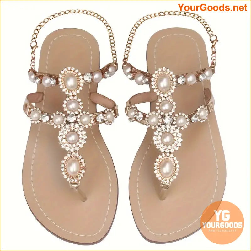 Bohemian Pearl Rhinestone TStrap Sandals for Women - YourGoods Online Shop