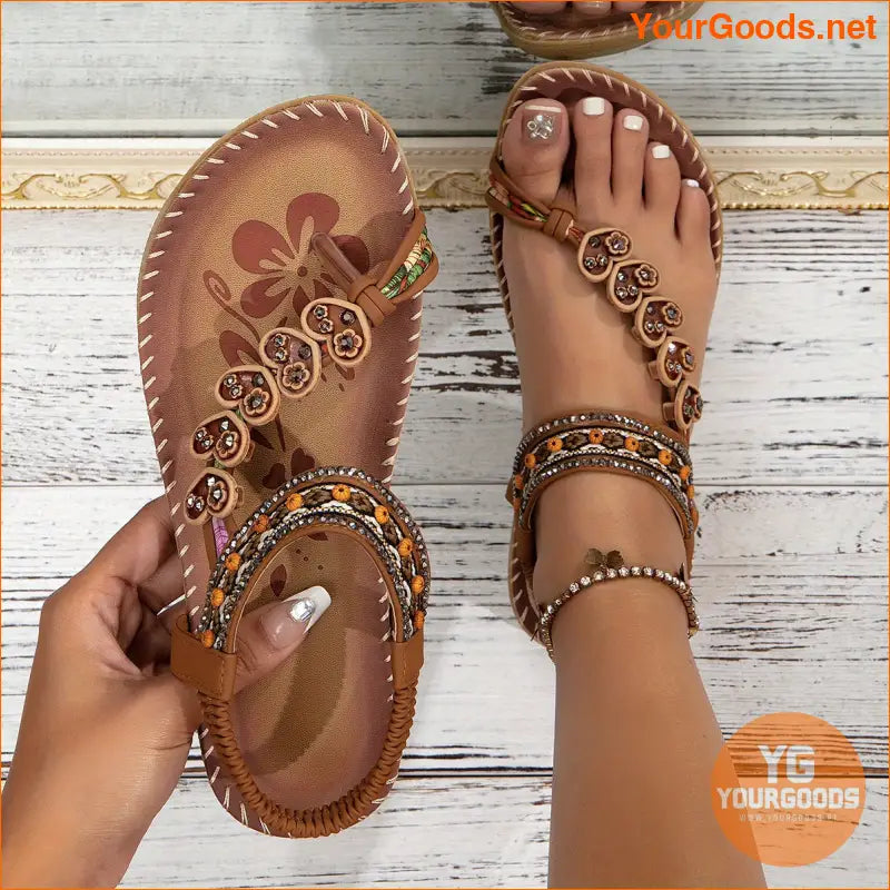 Boho Heart Rhinestone Elastic Strap Flat Sandals - YourGoods Online Shop