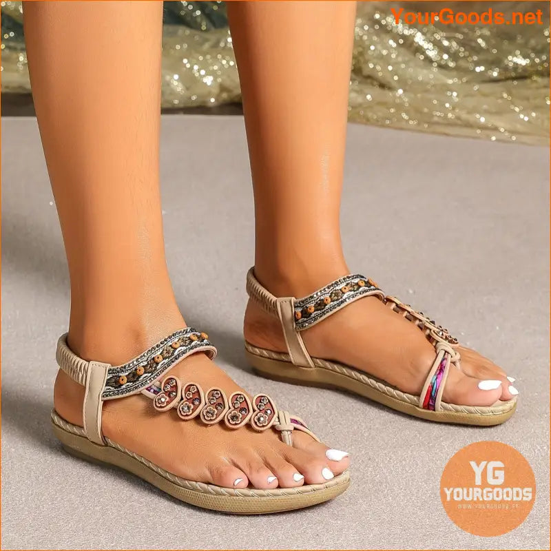 Boho Heart Rhinestone Elastic Strap Flat Sandals - YourGoods Online Shop