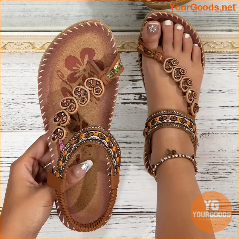 Boho Heart Rhinestone Elastic Strap Flat Sandals - YourGoods Online Shop