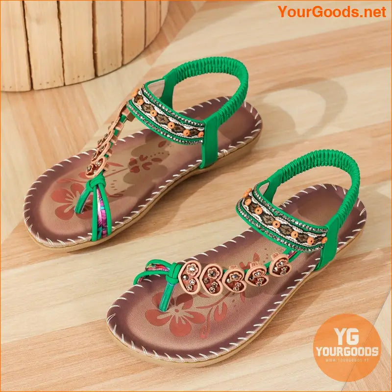 Boho Heart Rhinestone Elastic Strap Flat Sandals - YourGoods Online Shop