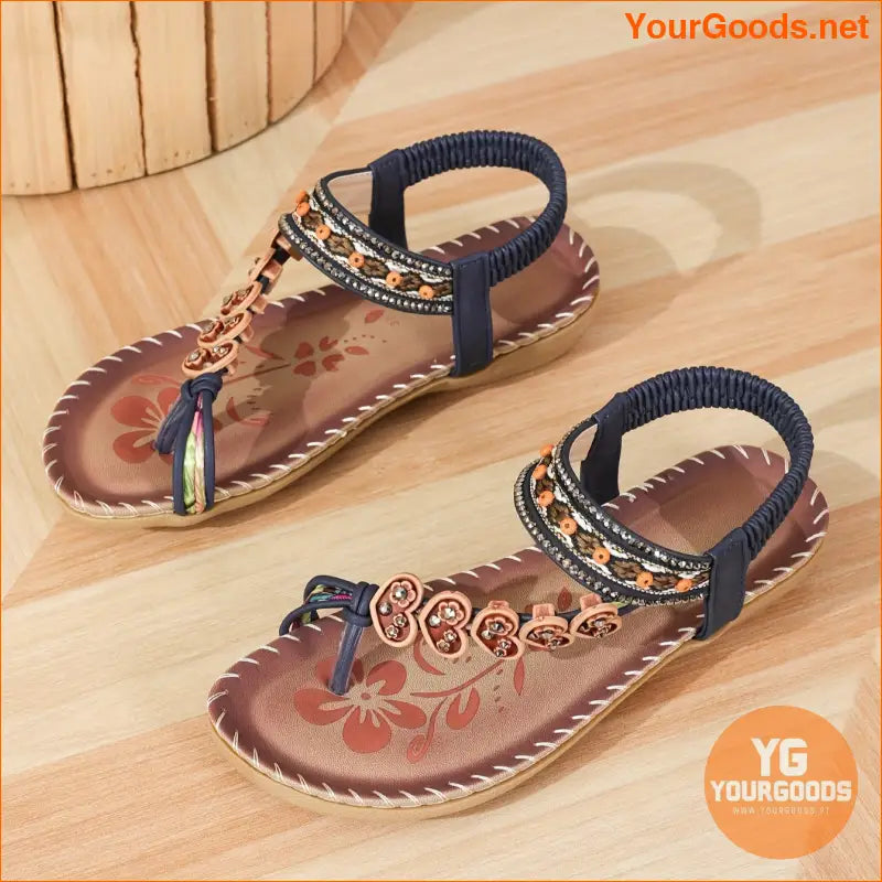 Boho Heart Rhinestone Elastic Strap Flat Sandals - YourGoods Online Shop