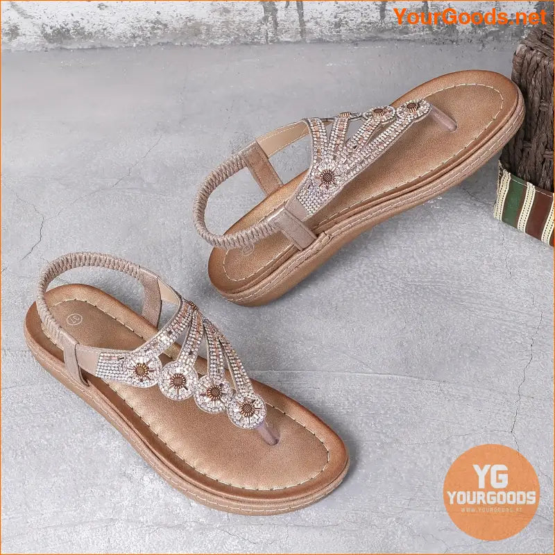 Boho Rhinestone Flat Sandals Elastic SlipOn Beach Shoes - YourGoods Online Shop