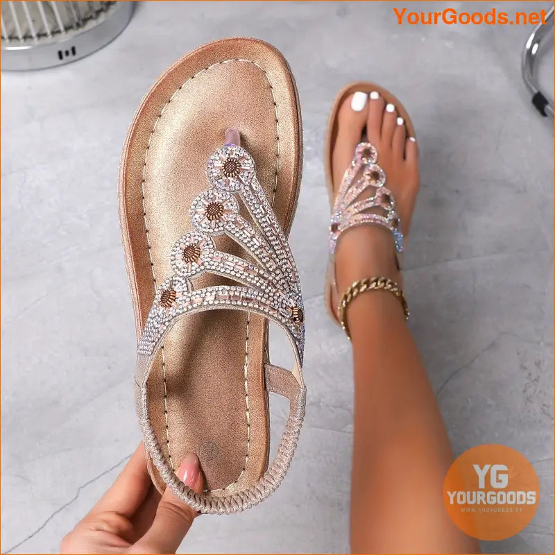 Boho Rhinestone Flat Sandals Elastic SlipOn Beach Shoes - YourGoods Online Shop