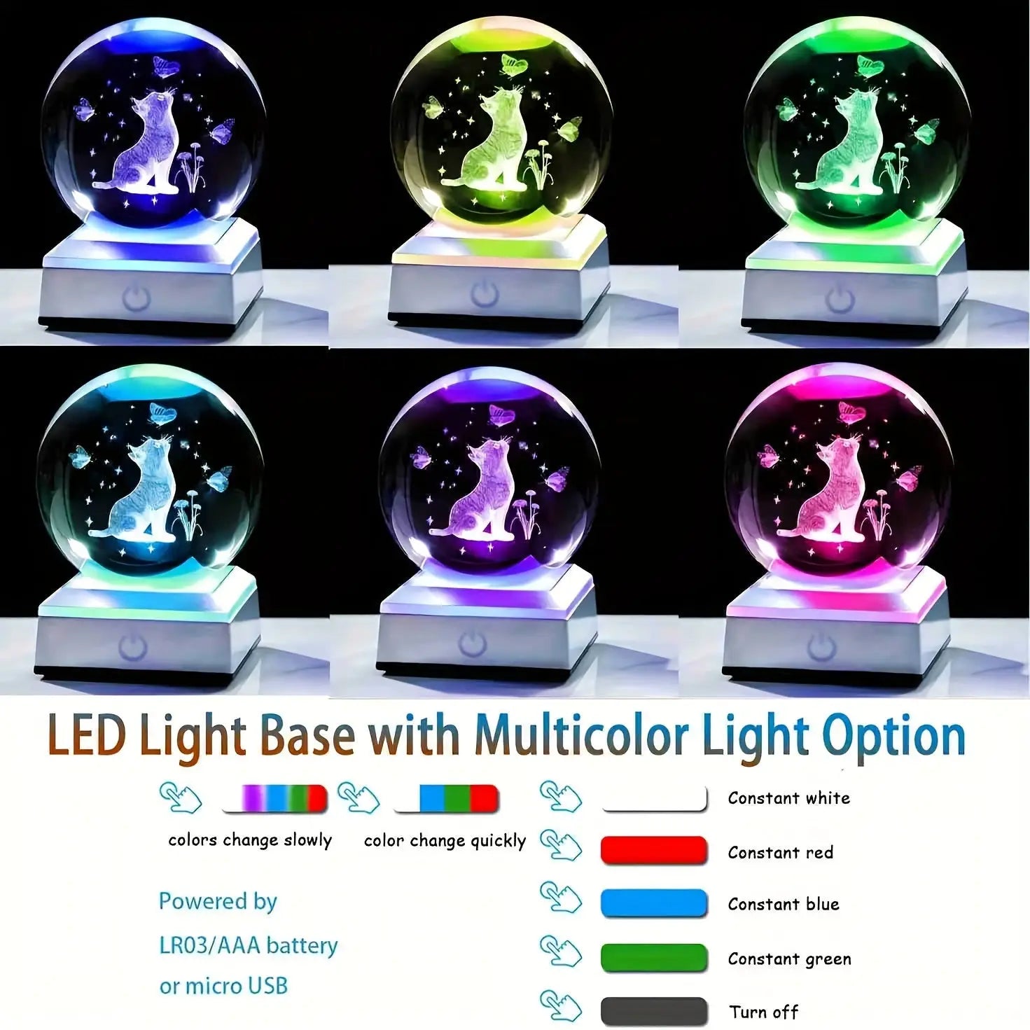 LED Base 3D Crystal Cat Ball Perfect Gift