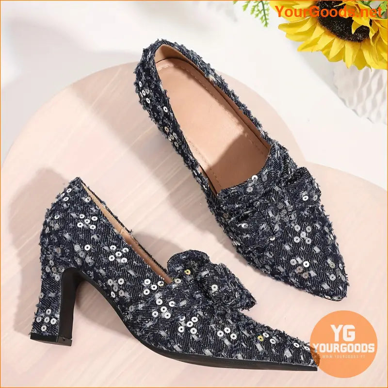 Chic Deep Blue Floral Sequin Denim Bow Pumps - YourGoods Online Shop