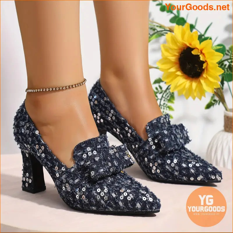 Chic Deep Blue Floral Sequin Denim Bow Pumps - YourGoods Online Shop