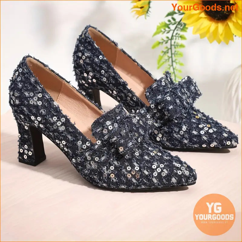 Chic Deep Blue Floral Sequin Denim Bow Pumps - YourGoods Online Shop