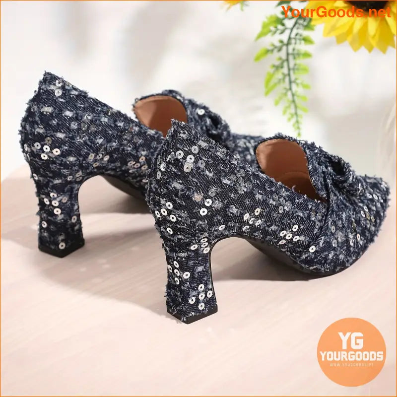 Chic Deep Blue Floral Sequin Denim Bow Pumps - YourGoods Online Shop