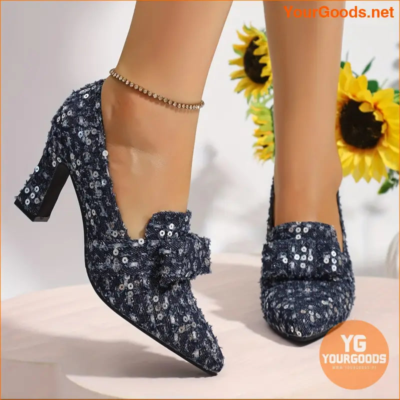 Chic Deep Blue Floral Sequin Denim Bow Pumps - YourGoods Online Shop